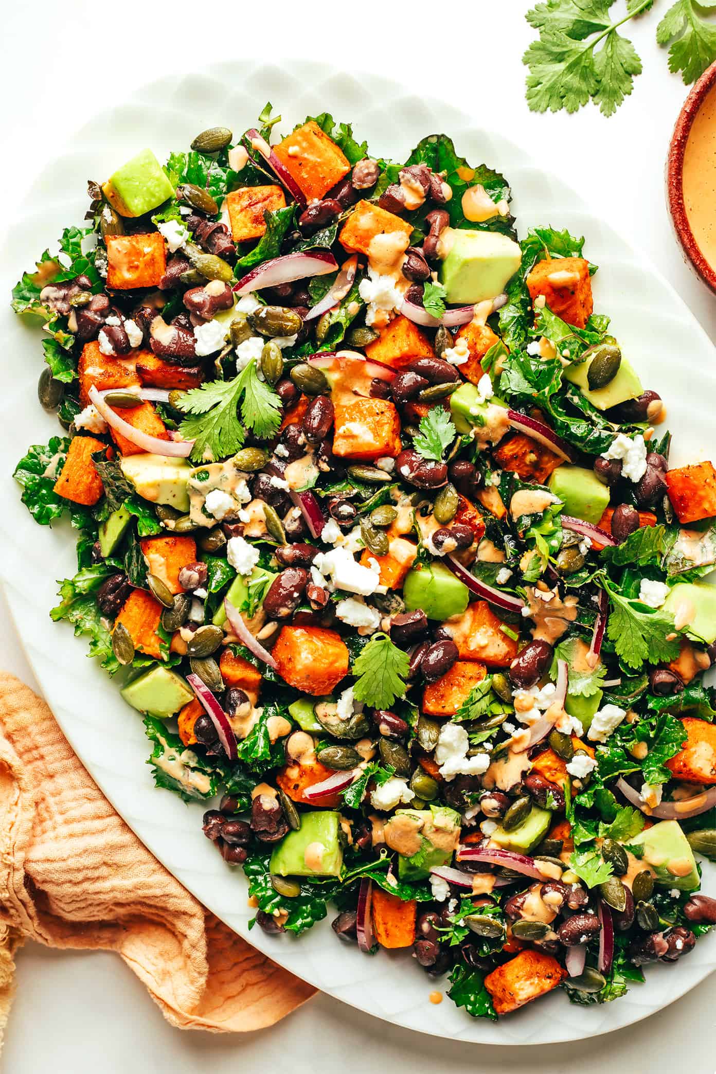 This Tex-Mex inspired kale salad is loaded up with zesty roasted sweet potatoes, avocado, pepitas, red onion, black beans, cotija or feta cheese, and lots of fresh cilantro. Then it's drizzled with a heavenly 4-ingredient chipotle lime tahini dressing, which you are going to LOVE. Feel free to add in a protein (chicken, shrimp, steak, etc) if you'd like, or skip the cheese and turn this vegetarian recipe vegan. It's healthy, naturally gluten-free and always so delicious! | gimmesomeoven.com Sweet Potato Avocado Kale Salad with Chipotle Tahini Dressing on Platter