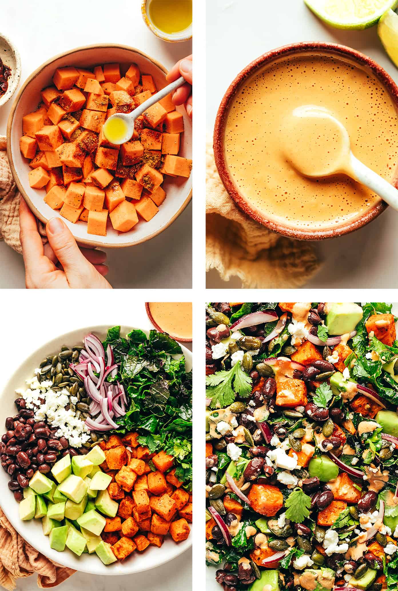 This Tex-Mex inspired kale salad is loaded up with zesty roasted sweet potatoes, avocado, pepitas, red onion, black beans, cotija or feta cheese, and lots of fresh cilantro. Then it's drizzled with a heavenly 4-ingredient chipotle lime tahini dressing, which you are going to LOVE. Feel free to add in a protein (chicken, shrimp, steak, etc) if you'd like, or skip the cheese and turn this vegetarian recipe vegan. It's healthy, naturally gluten-free and always so delicious! | gimmesomeoven.com Step by step photos showing how to make sweet potato avocado kale salad with chipotle tahini dressing