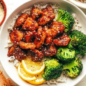 Sticky Honey Lemon Chicken with Roasted Broccoli and Rice