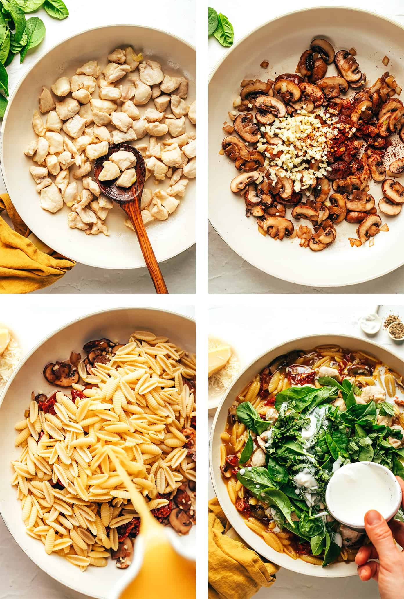 This one pot creamy sun-dried tomato pasta recipe is made with chicken, mushrooms and spinach in a rich garlic basil sauce. Serve topped with lots of Parmesan and enjoy! | gimmesomeoven.com Step by step photos showing how to make this one pot pasta