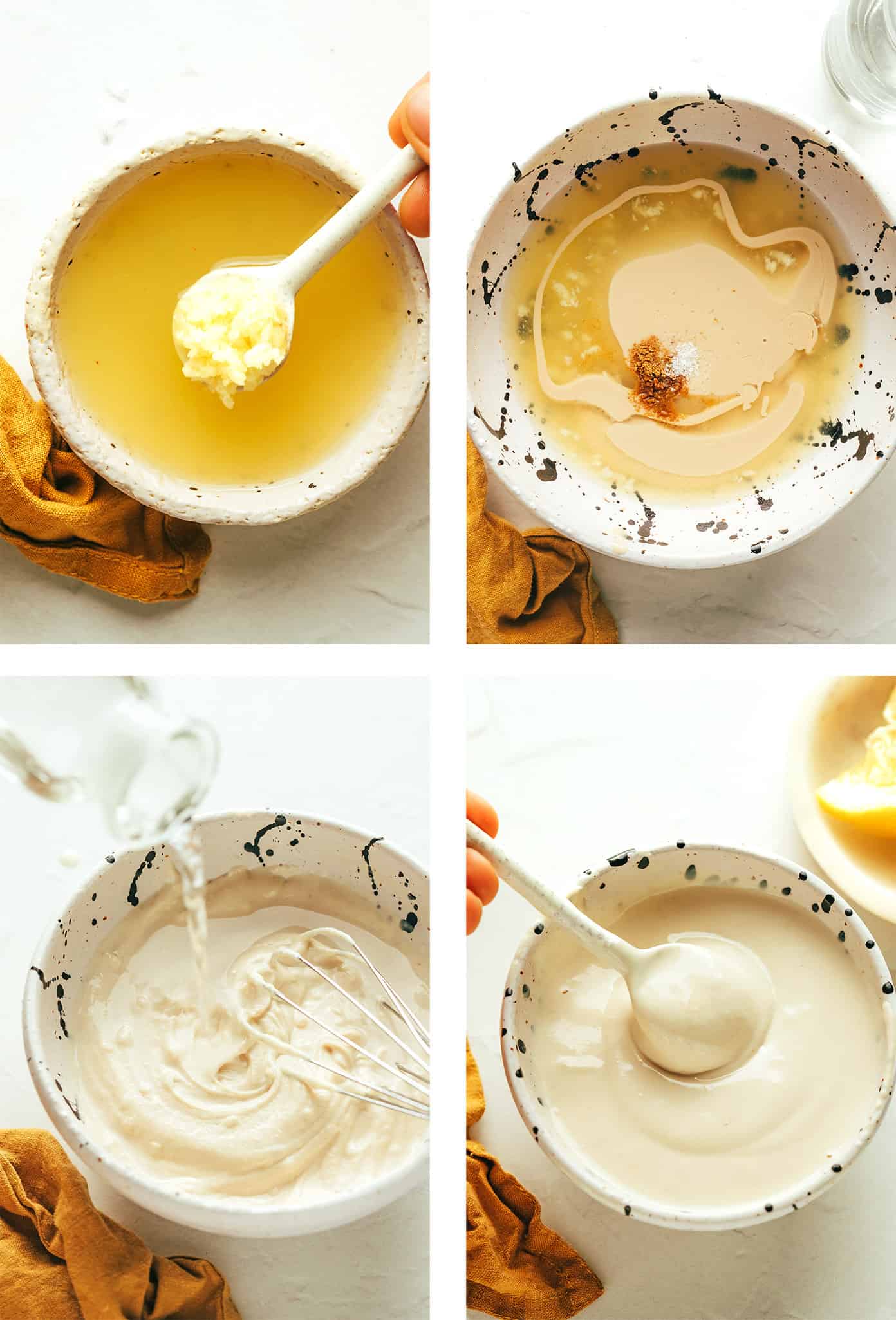 This homemade tahini sauce recipe is quick and easy to make with 5 ingredients and tastes amazing with everything from falafel to roasted veggies, grilled meats, wraps, salads and more. It's naturally gluten free and vegan, and easy to customize with extra herbs, spices or sweetener if you'd like. | gimmesomeoven.com Step by step photos showing how to make tahini sauce