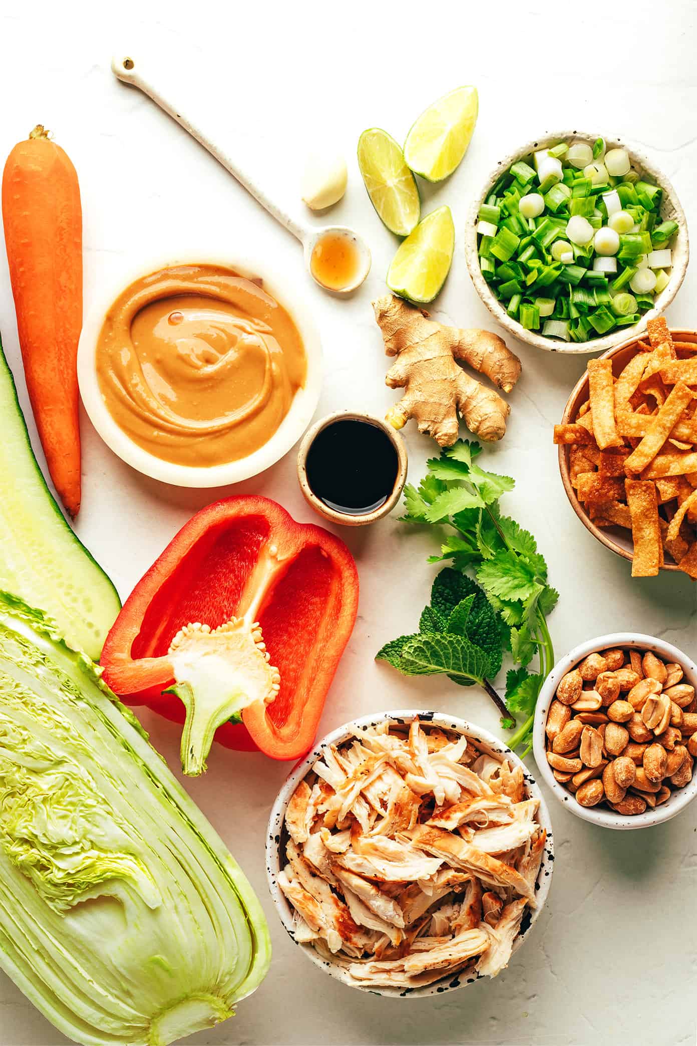 This Thai-Inspired chopped salad is made with loads of fresh veggies and cabbage, crispy wonton strips, shredded chicken (or shrimp, salmon, pork), and an irresistible creamy peanut dressing. Feel free to swap in roasted chickpeas to make this salad vegetarian, or leave out the additional protein altogether. So fresh and flavorful!! | gimmesomeoven.com Thai Chopped Salad Ingredients