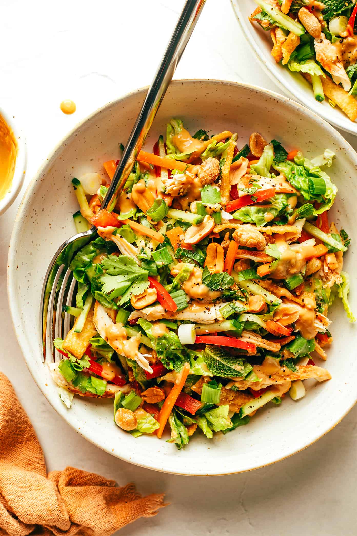 This Thai-Inspired chopped salad is made with loads of fresh veggies and cabbage, crispy wonton strips, shredded chicken (or shrimp, salmon, pork), and an irresistible creamy peanut dressing. Feel free to swap in roasted chickpeas to make this salad vegetarian, or leave out the additional protein altogether. So fresh and flavorful!! | gimmesomeoven.com Thai Crunch Salad with Peanut Dressing