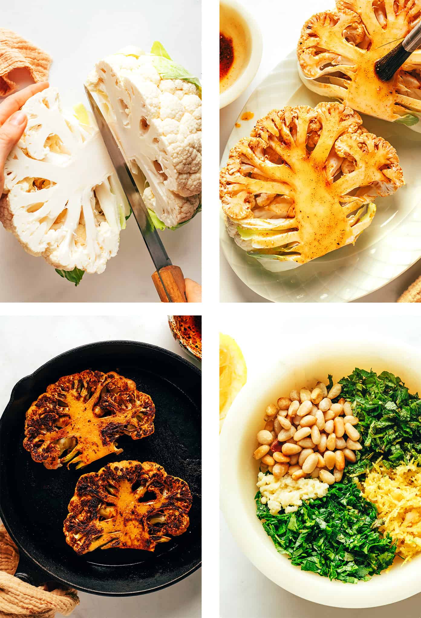 Zesty cauliflower steaks are served over hummus and sprinkled with a lemon-mint pine nut gremolata. A simple, healthy and absolutely delicious dinner recipe that also happens to be vegetarian, vegan and gluten-free. | gimmesomeoven.com Step by step photos showing how to make cauliflower steaks and gremolata ingredients