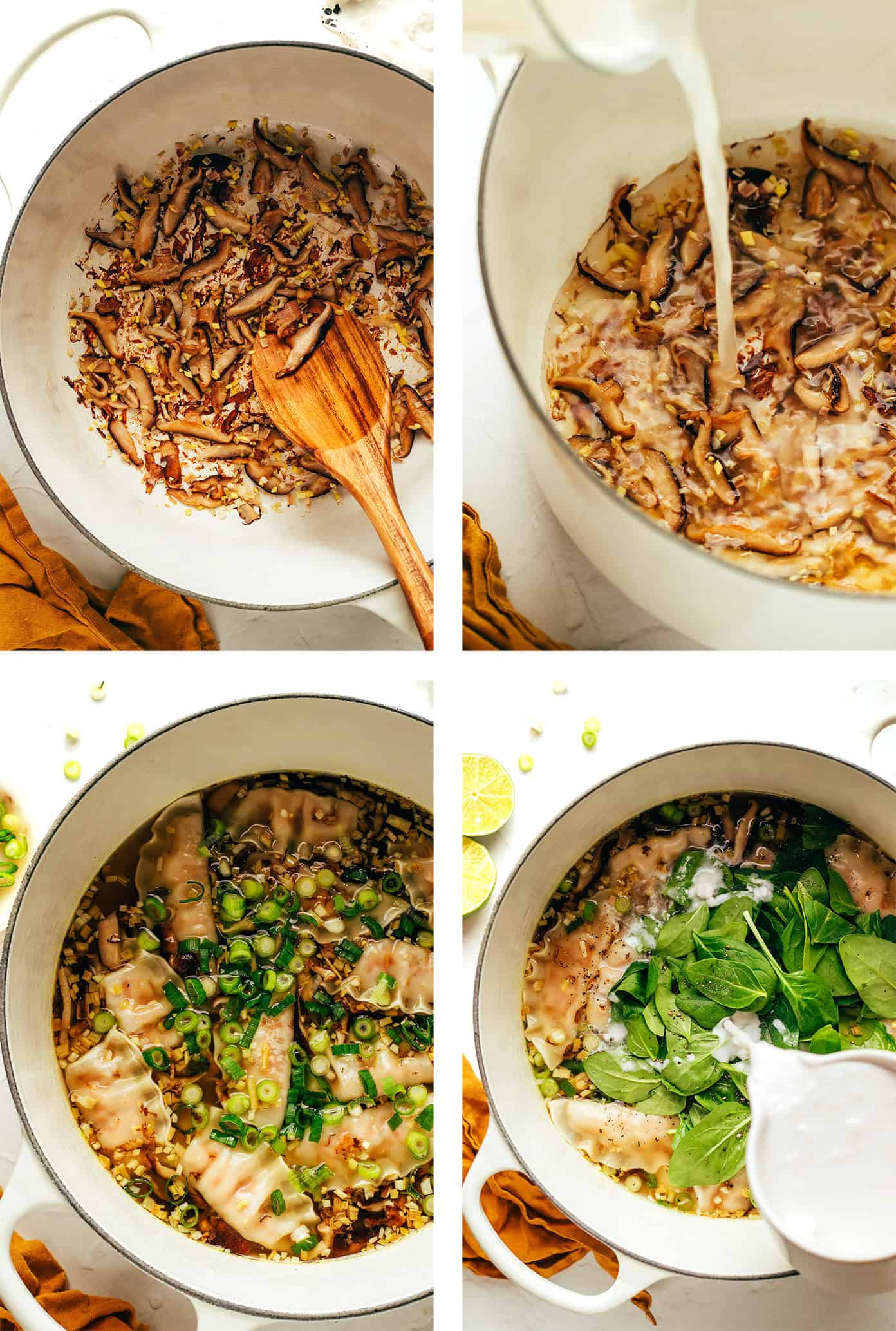 This delicious ginger coconut potsticker soup recipe is quick and easy to make with frozen potstickers, mushrooms and greens, simmered in the most delicious creamy broth with lemongrass and lime. It's a delicious easy dinner recipe that's easy to make vegetarian and gluten-free too. | gimmesomeoven.com How to make potsticker soup