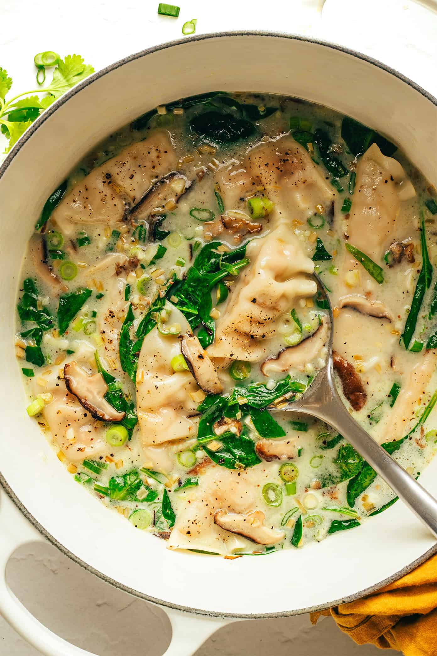 This delicious ginger coconut potsticker soup recipe is quick and easy to make with frozen potstickers, mushrooms and greens, simmered in the most delicious creamy broth with lemongrass and lime. It's a delicious easy dinner recipe that's easy to make vegetarian and gluten-free too. | gimmesomeoven.com Ginger coconut potsticker soup in stockpot