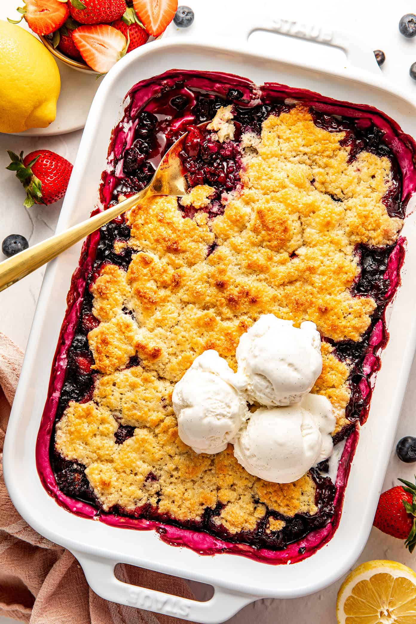 lemon berry cobbler in pan