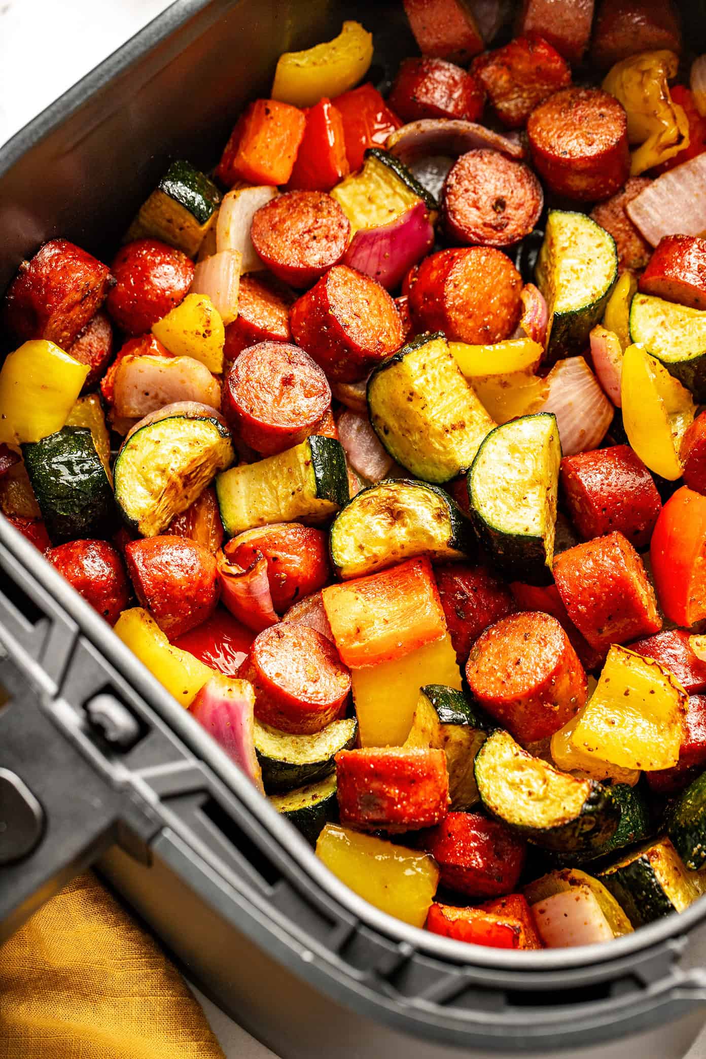 air fryer veggies and chicken sausage closeup