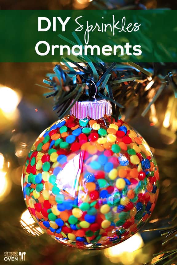 DIY Sprinkles Ornaments | gimmesomeoven.com/style #christmas #diy #ornament #sprinkles These DIY Sprinkles Ornaments are easy to make and customize with your favorite colors of sprinkles. The perfect homemade decor for your Christmas tree this year! | Gimme Some Oven